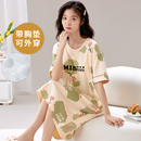 春秋可外穿舒适宽松 夏季 短袖 睡裙薄款 自带胸垫一体家居服中长大码