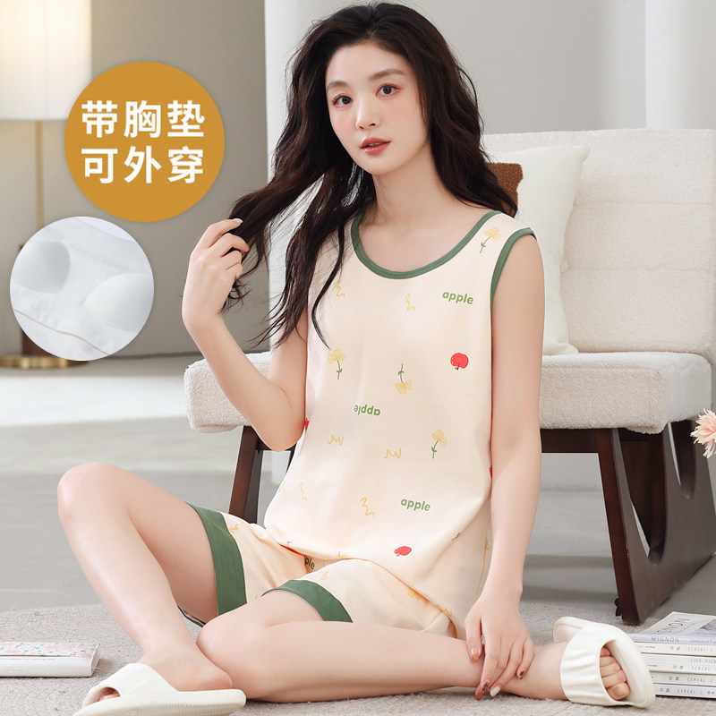 夏季女士无袖带胸垫睡衣一体套装