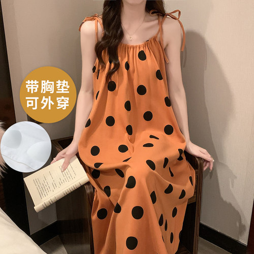 吊带睡裙自带胸垫一体圆点无袖