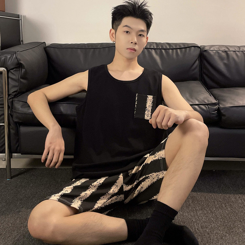 夏季背心睡衣套装男士无袖条纹家居服吊带休闲运动可外穿薄款韩版