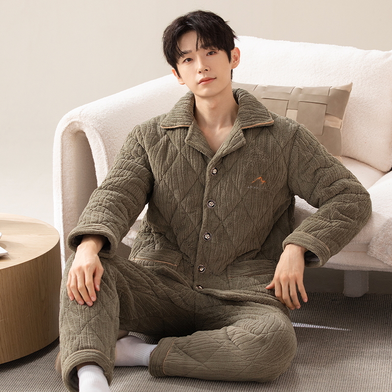 珊瑚绒夹棉睡衣套装三层加绒保暖