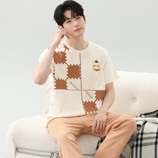 运动格子可外穿夏季休闲睡衣套装短袖长裤大码男士爸爸夏天家居服