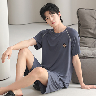 男士夏季莫代尔家居服冰丝加肥加大码短袖套装学生青少年睡衣套装