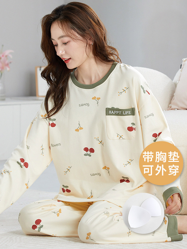 SPRING AND AUTUMN PAJAMAS WOMENS COTTON CUTE SELF-CONTAINED CHEST PAD ALL-IN-ONE SET PLUS SIZE STUDENT SUMMER AND WINTER LONG SLEEVE LOUNGEWEAR