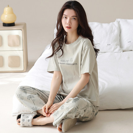 全棉女士睡衣套装夏季100%纯棉短袖卡通长裤韩版家居服可外穿夏天