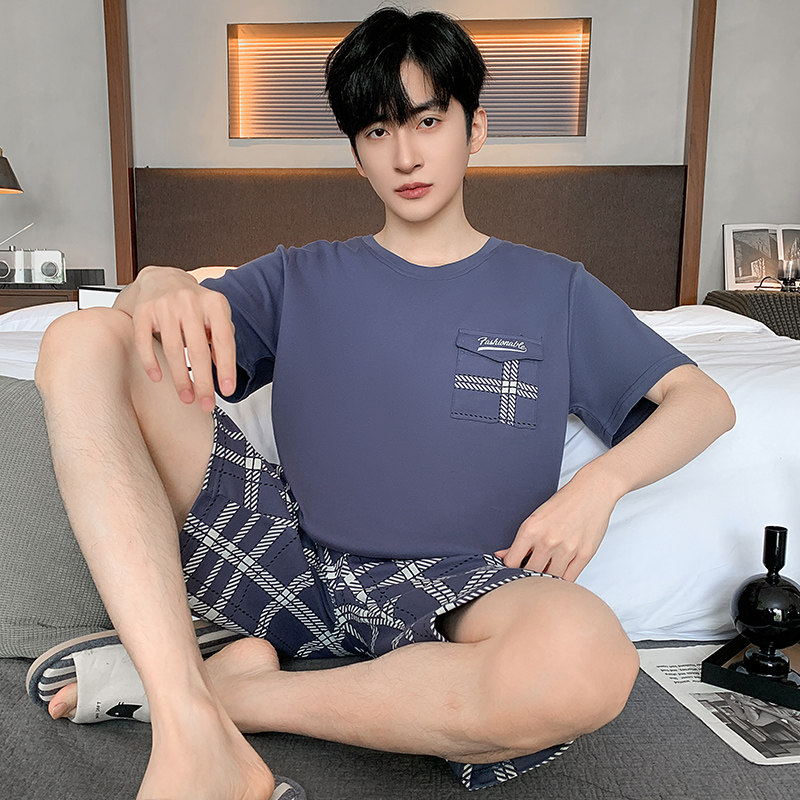 运动家居服短袖可外穿青少年加肥加大码格子格子夏季男士睡衣套装