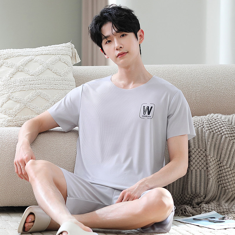 夏季男短袖睡衣套装无痕冰丝加肥加大码运动字母青少年学生家居服