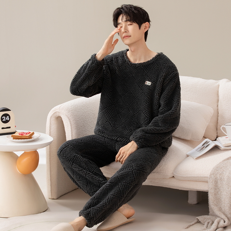 法兰绒男士睡衣套装珊瑚绒家居服
