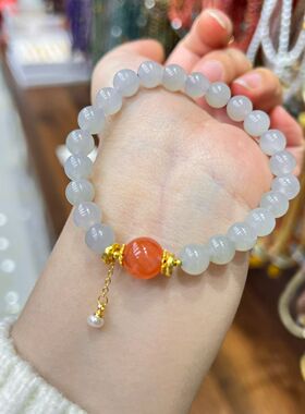 和田玉冰烟紫配南红珍珠手串