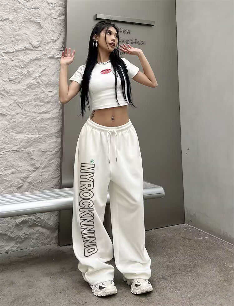 美式街头爵士舞白色直筒运动裤女休闲裤