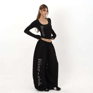 阔腿重工烫钻字母显瘦直筒运动卫裤 女秋季 潮 复古辣妹爵士舞裤 美式