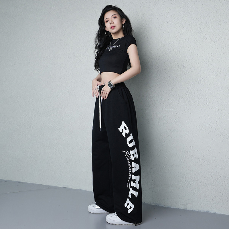 黑色抽绳嘻哈爵士跳舞宽松运动裤女夏高街hiphop阔腿两穿直筒长裤