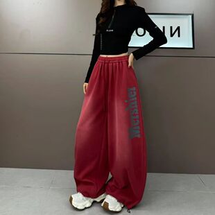 美式复古重工水洗印花宽松运动裤男女情侣两穿阔腿大版型休闲长裤