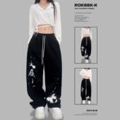 女运动hiphop服装 ROKBBKK 布韩街舞宽松蝴蝶印花黑色jazz长裤 休闲