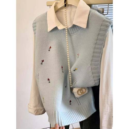 韩系坎肩针织叠穿马甲背心女2025春秋韩系毛衣长袖衬衫两件套上衣