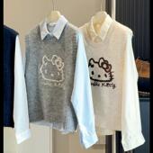 学院风卡通猫咪刺绣针织马甲背心女秋冬外搭叠穿衬衫 上衣两件套装