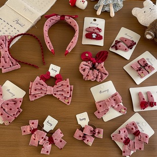 儿童红色波点蝴蝶结小发圈皮筋高级质感女童碎发边夹扎马尾发绳新