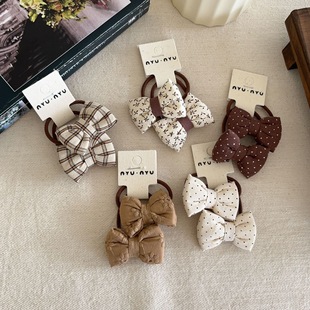 一对装 咖色系儿童复古森系充棉蝴蝶结碎花波点格纹小圈宝宝发绳