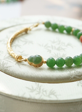 天然碧玉银半镯手链手镯活口佩戴南红珠上上签吊牌纯银