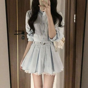 2025夏季新款高级感气质条纹长袖衬衫裙女学生日系收腰连衣裙女