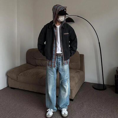 直筒牛仔裤vintage水洗磨损百搭