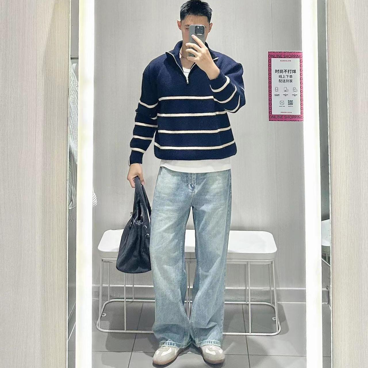 半拉链高领条纹毛衣男秋冬季