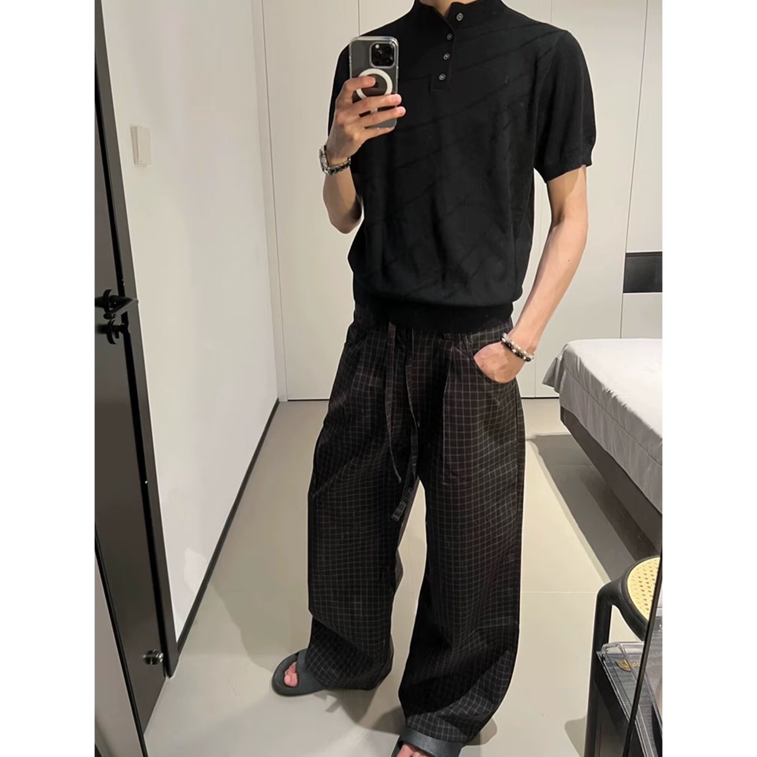 美式复古格子松紧腰休闲裤男女