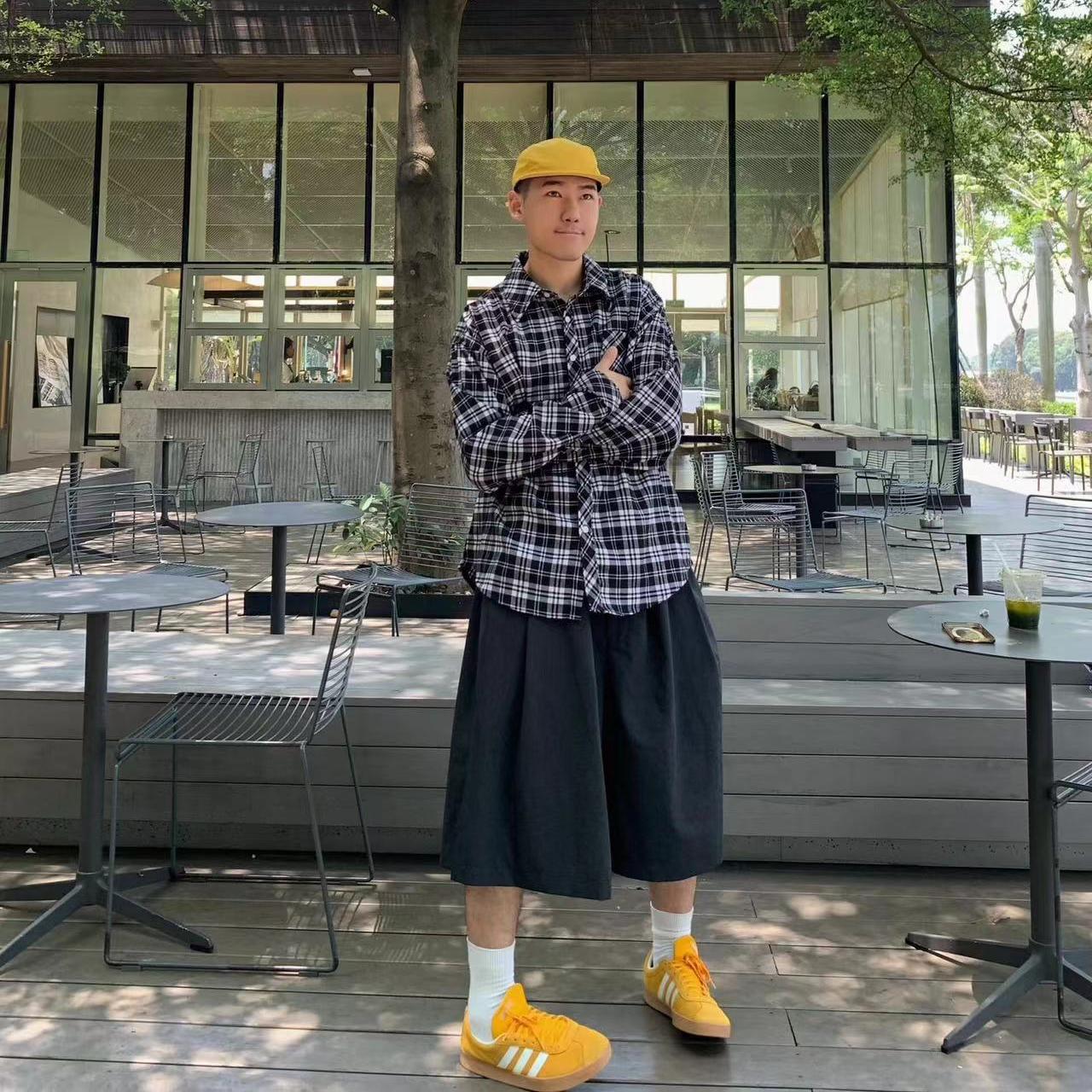 港风复古黑白格子长袖衬衫男
