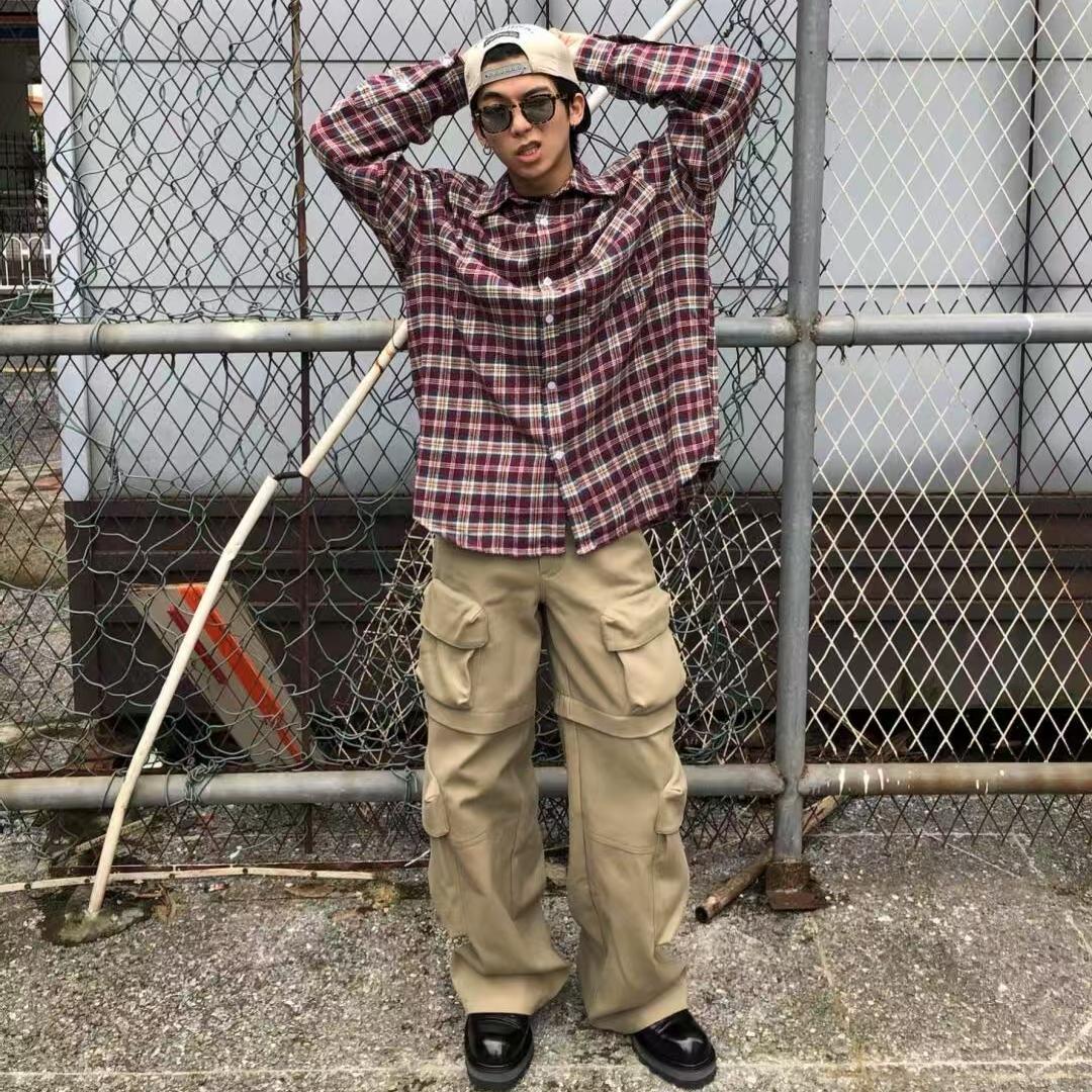 美式复古红色格子长袖衬衫男