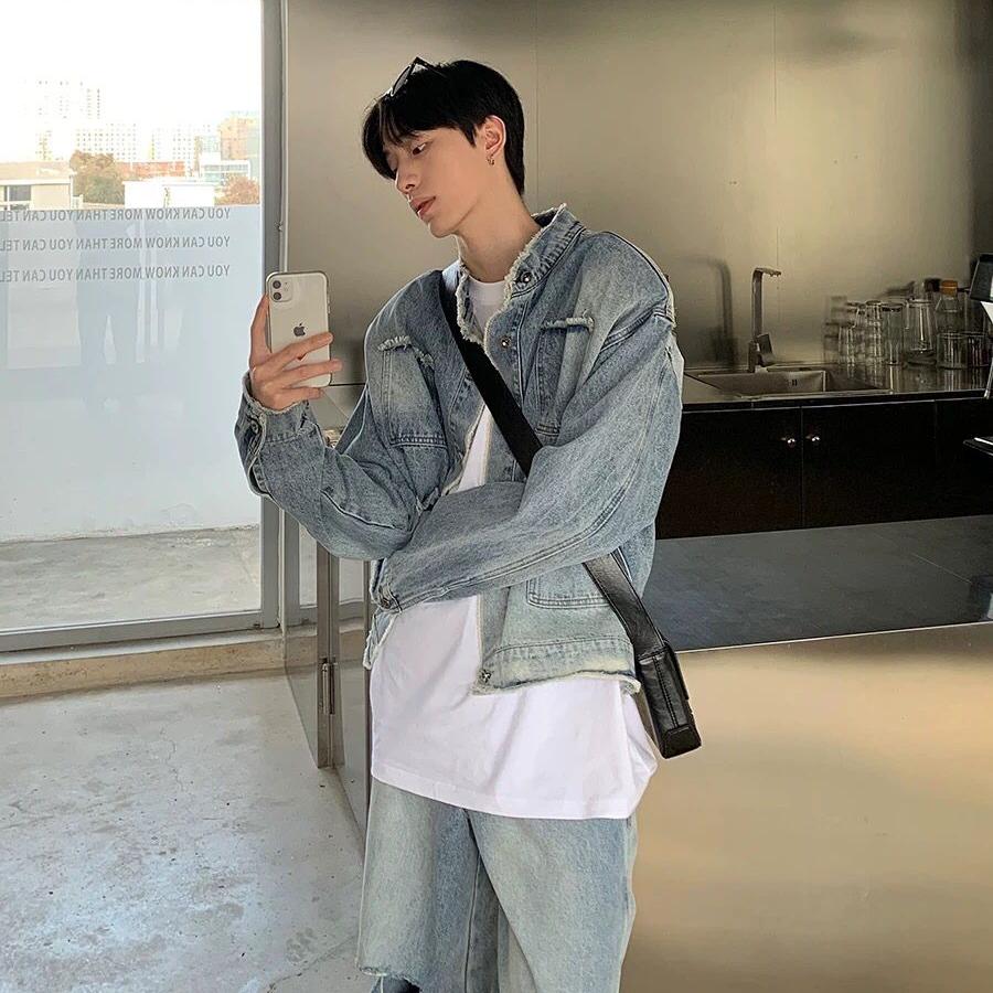 毛边立领水洗渐变牛仔外套