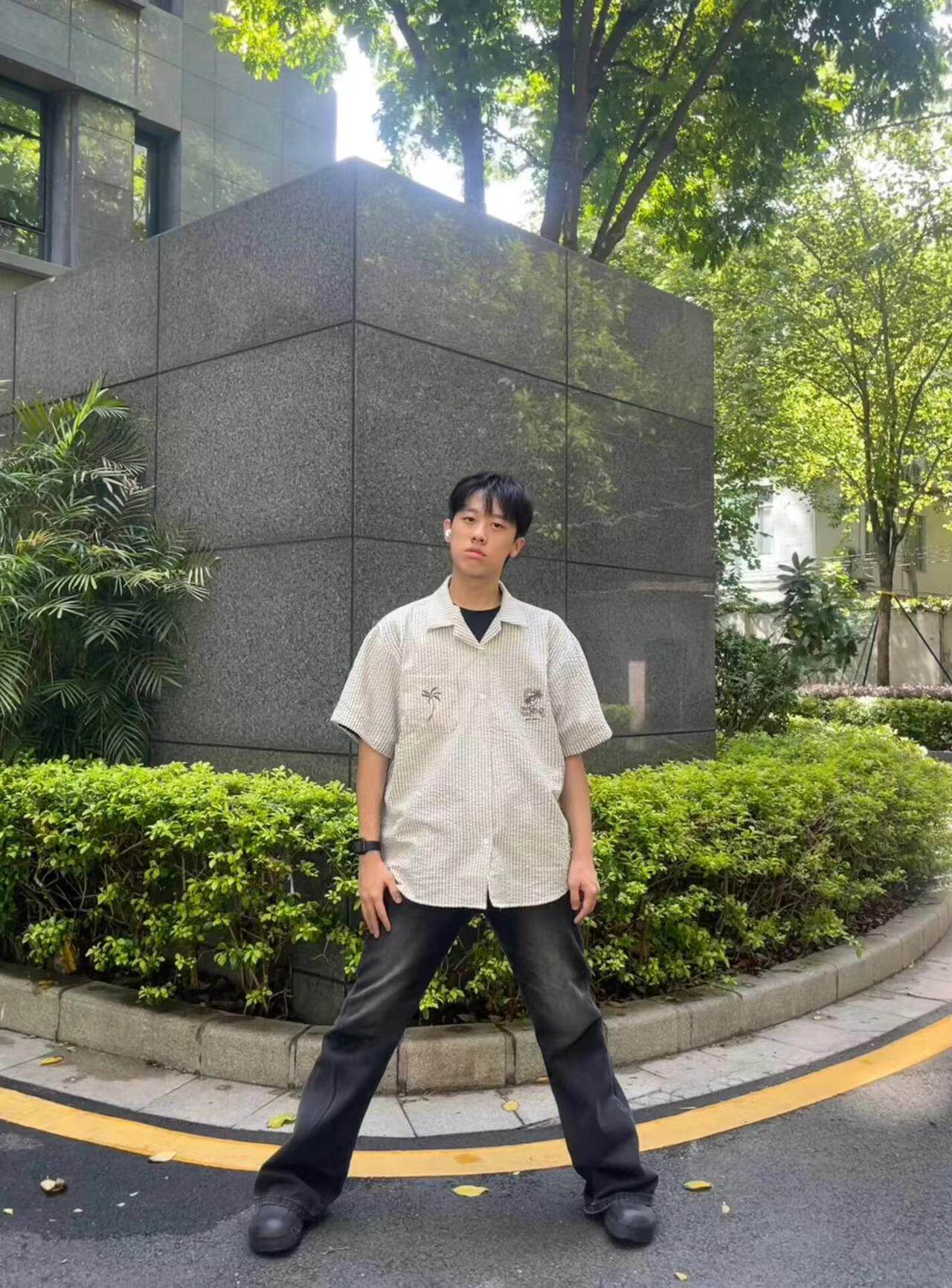 小众复古设计椰子树感刺绣条纹短袖衬衫宽松百搭休闲衬衣潮男女款