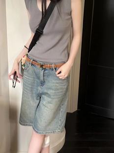 复古水洗泛黄五分牛仔裤潮流2024款夏季新款磨边廓形宽松男女短裤