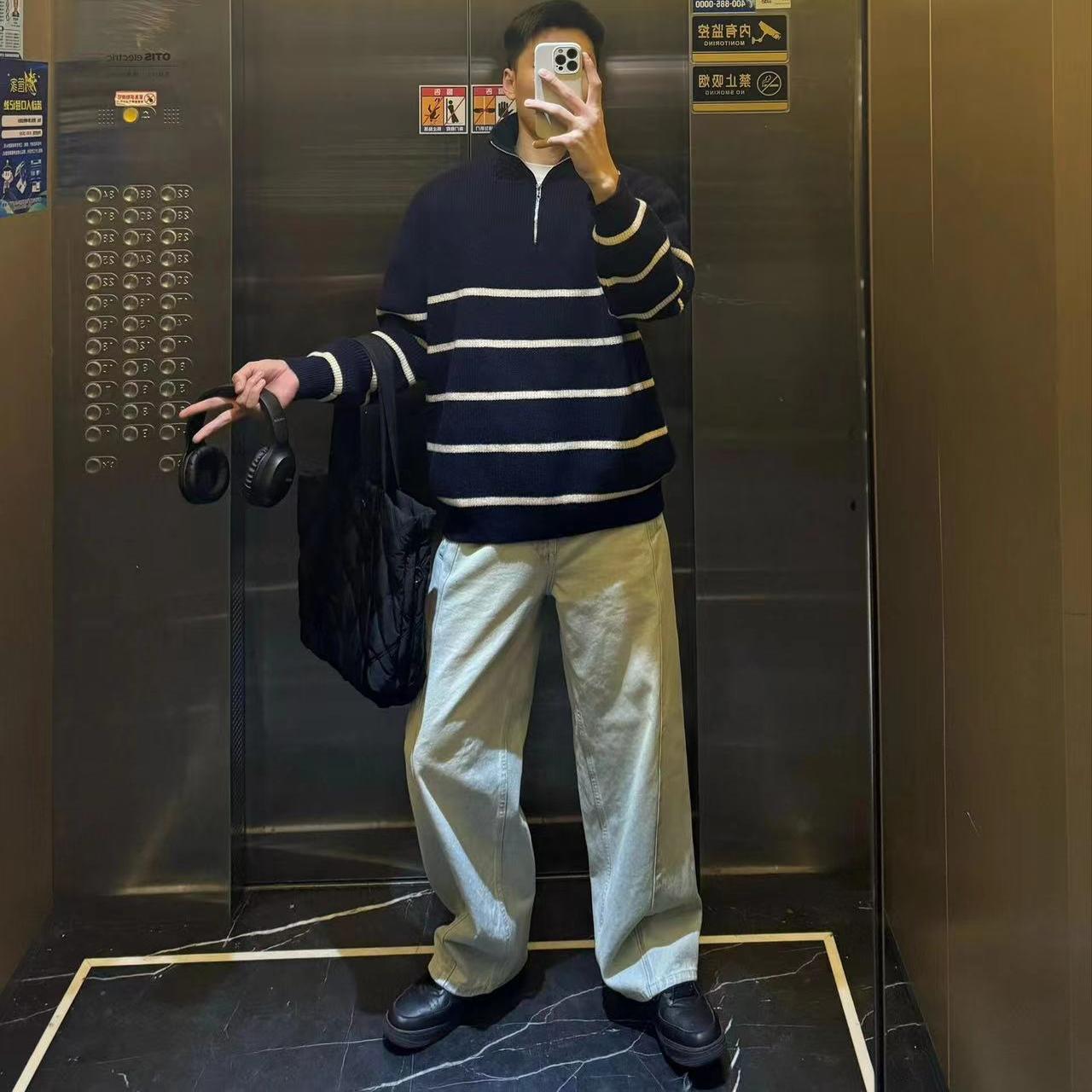 半高领拉链条纹毛衣男秋冬季2024新款宽松套头打底针织衫男生潮牌