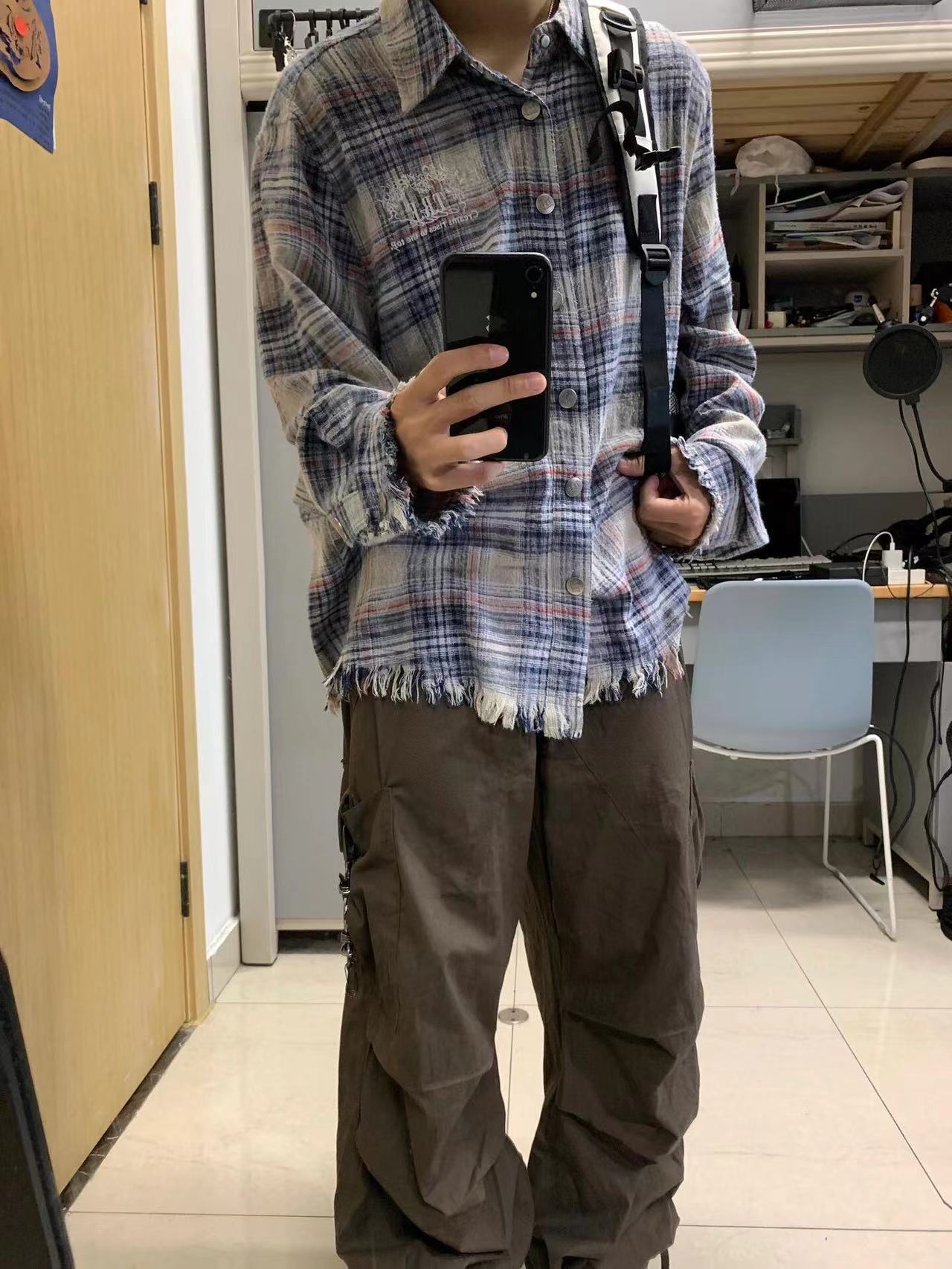 美式复古刺绣破坏毛边格子衬衫男
