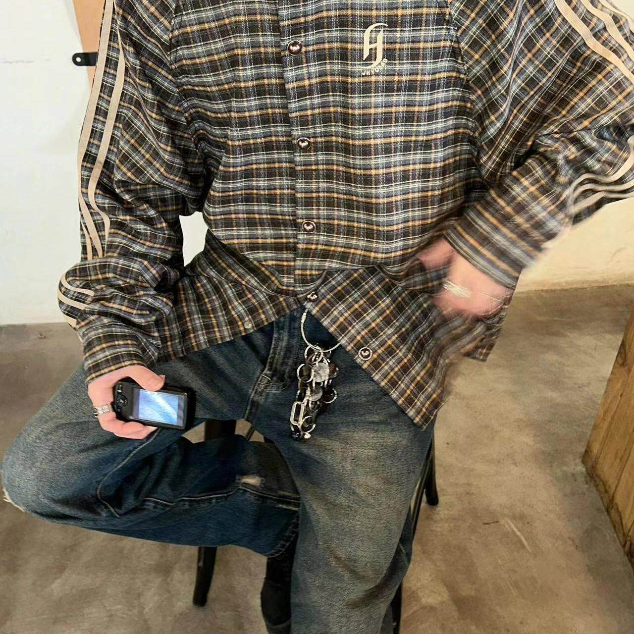 三条杠撞色格纹长袖衬衫男款