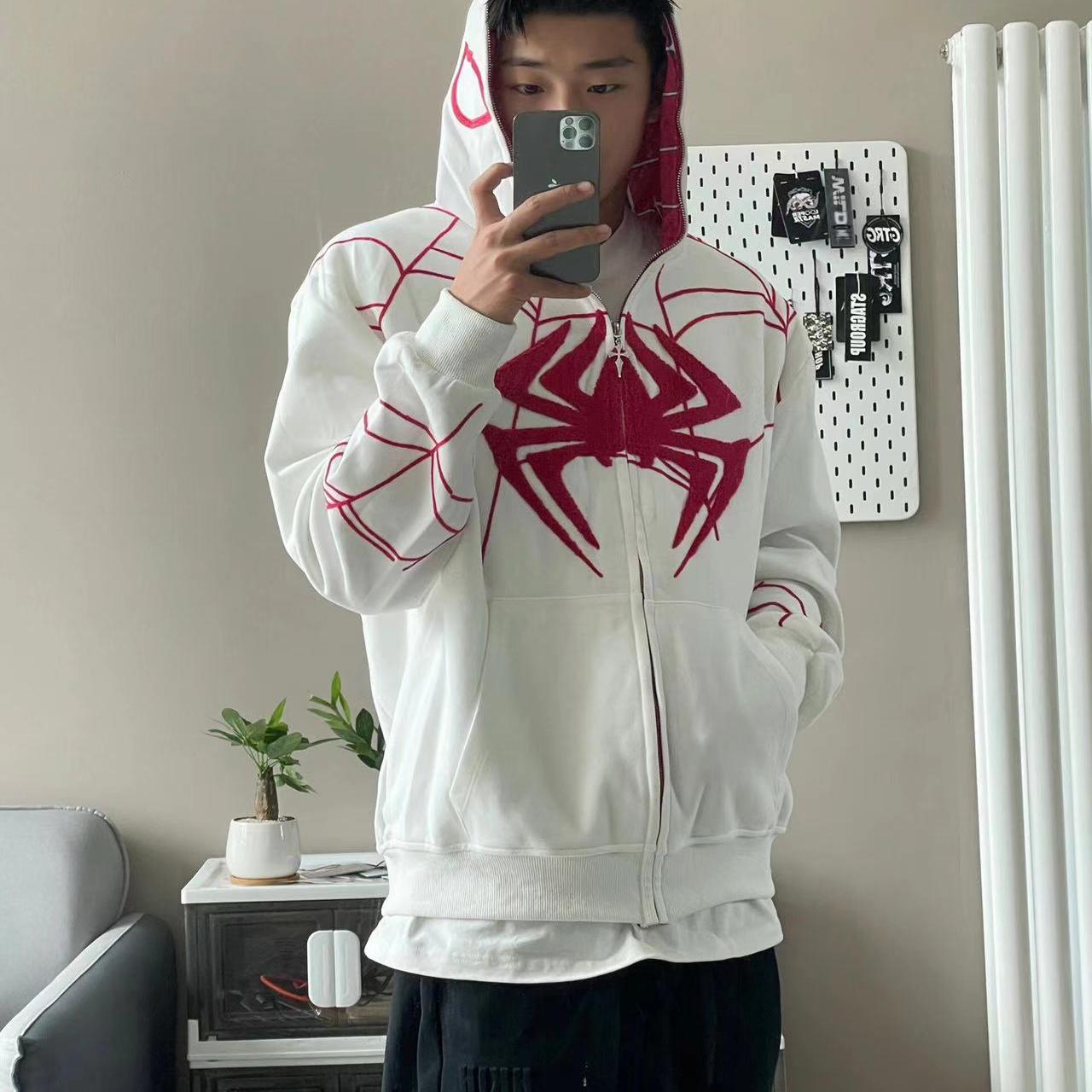 美式复古蜘蛛刺绣开衫卫衣