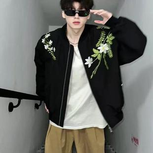 美式复古花卉刺绣飞行夹克棉服男款冬季潮牌棒球领bmober夹棉外套