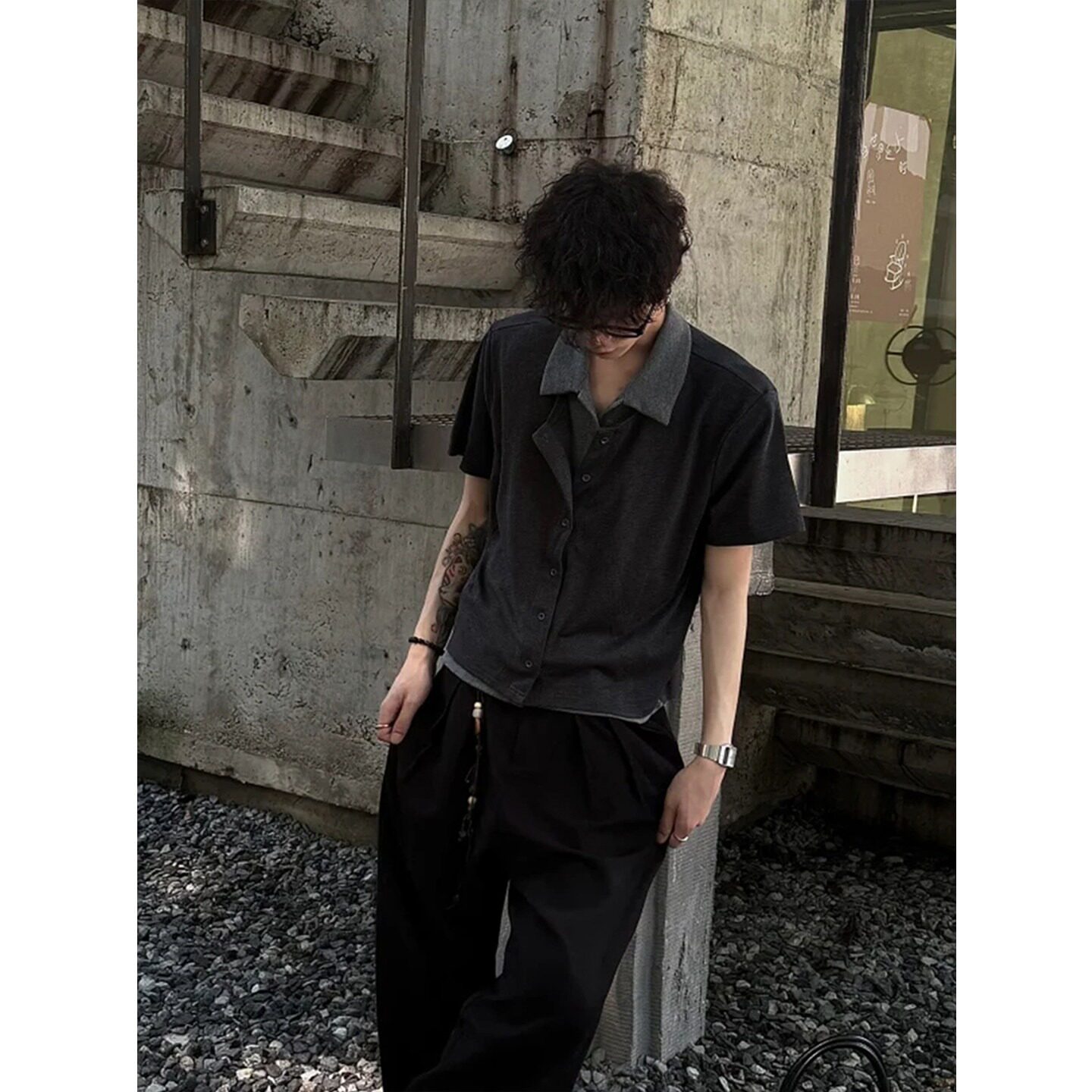 复古松弛感假两件翻领短袖衬衫男