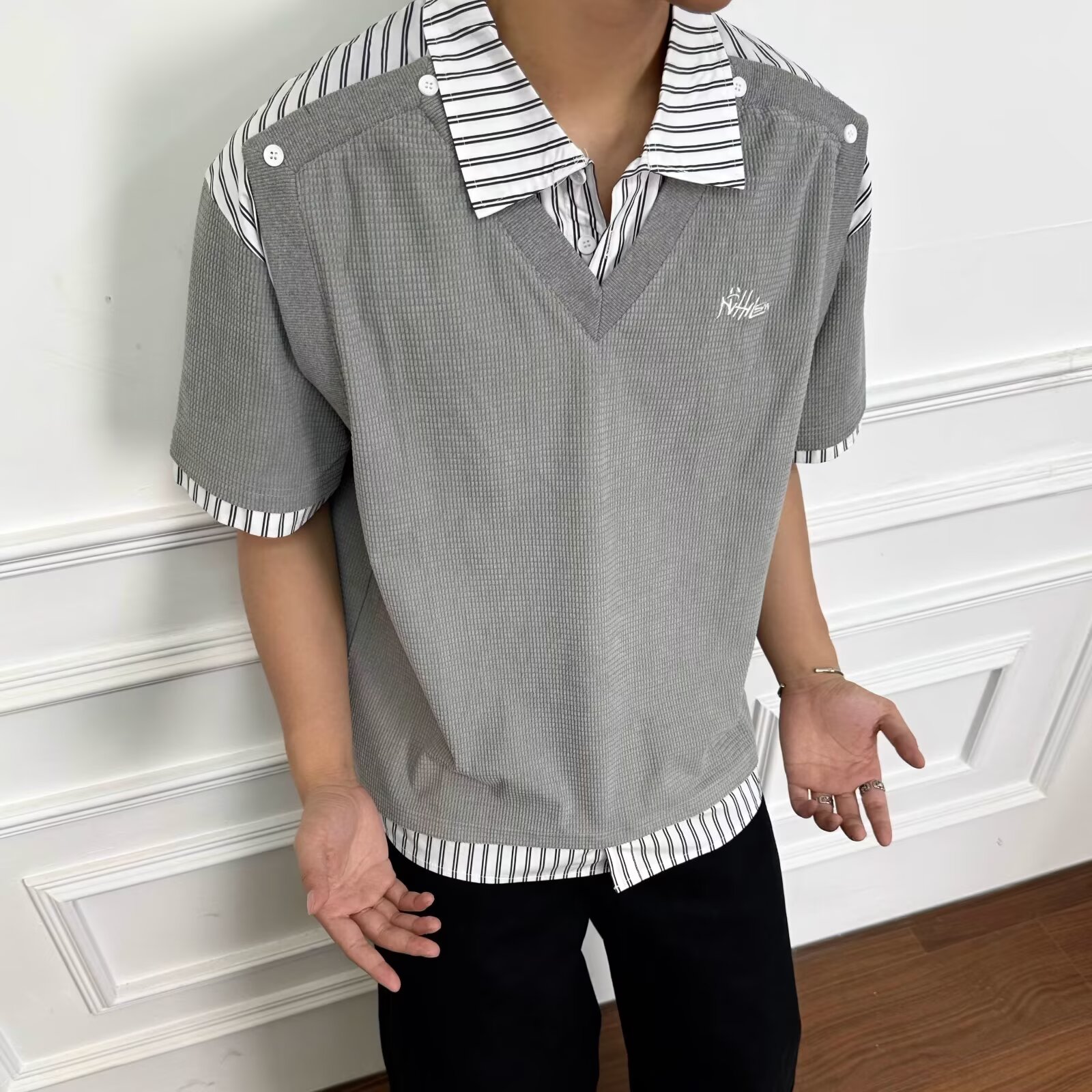 衬衫拼接假两件短袖男夏季青少年美式polo领t恤设计感情侣半截袖