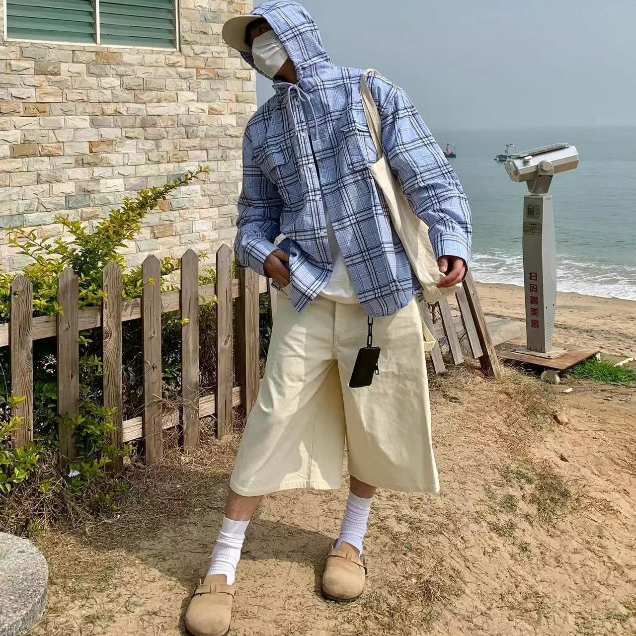 美式潮牌抽绳蓝色连帽格纹衬衫