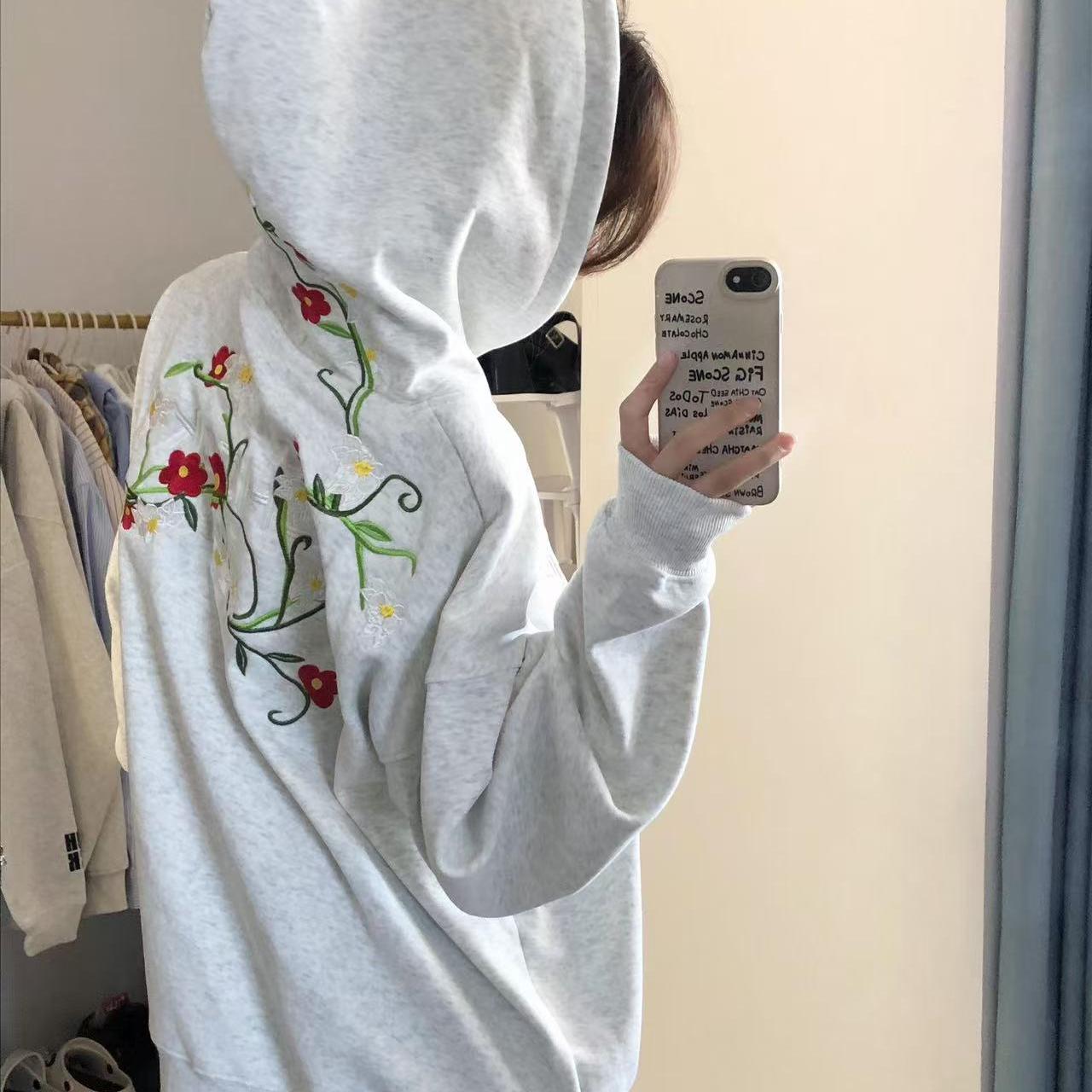 美式复古花卉刺绣连帽衫卫衣