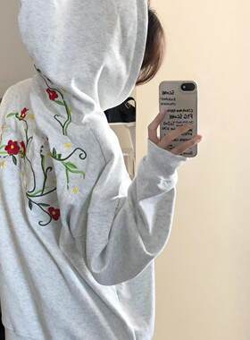美式复古花卉刺绣连帽衫卫衣