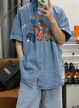 美式潮牌复古水洗卡通刺绣牛仔短袖衬衫男女宽松慵懒情侣衬衣外套