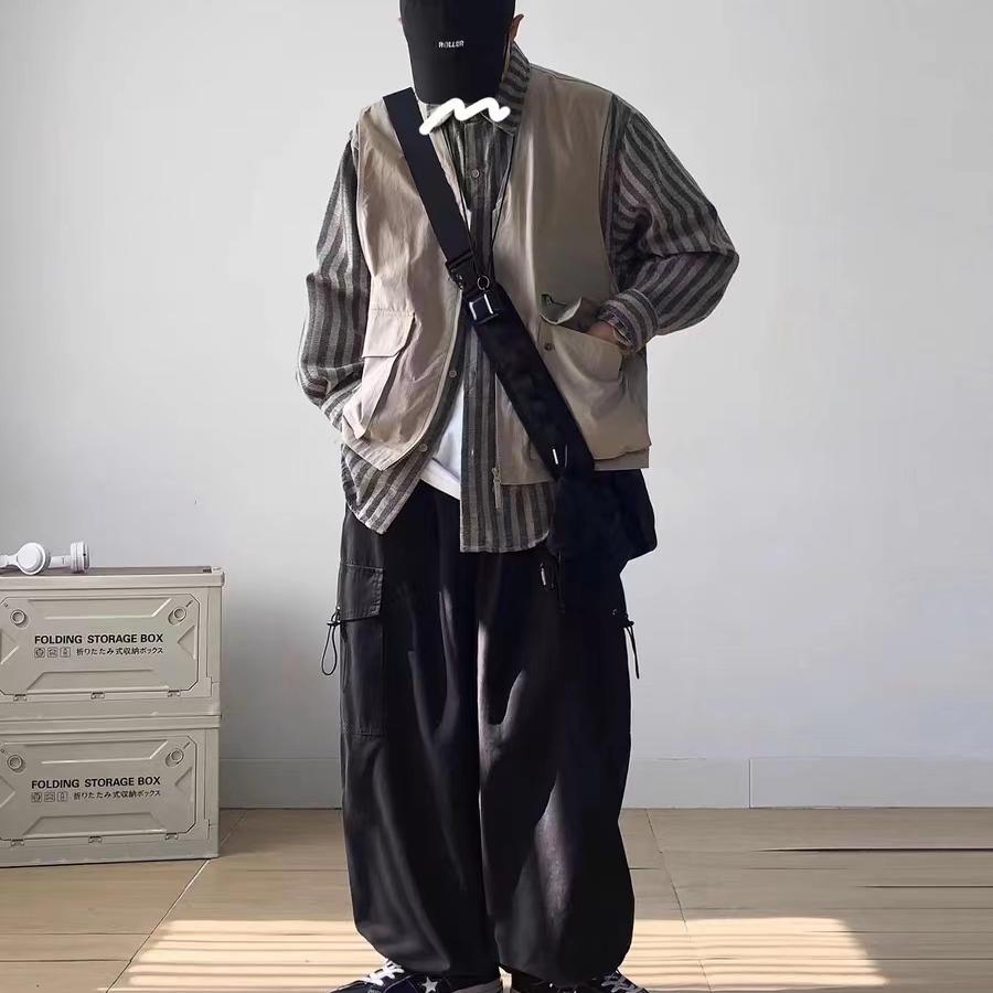 复古条纹假两件马甲工装衬衫