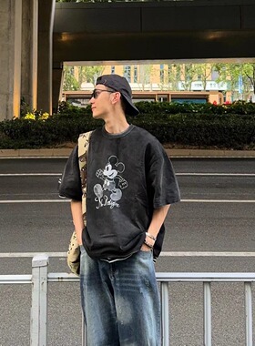 美式重磅纯棉水洗做旧趣味米奇短袖t恤夏季日系复古潮流宽松上衣