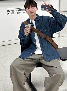 日系男生水洗牛仔衬衫
