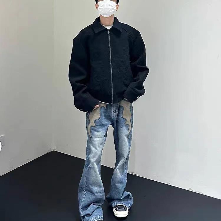 小众火焰图腾设计水洗蓝色牛仔裤