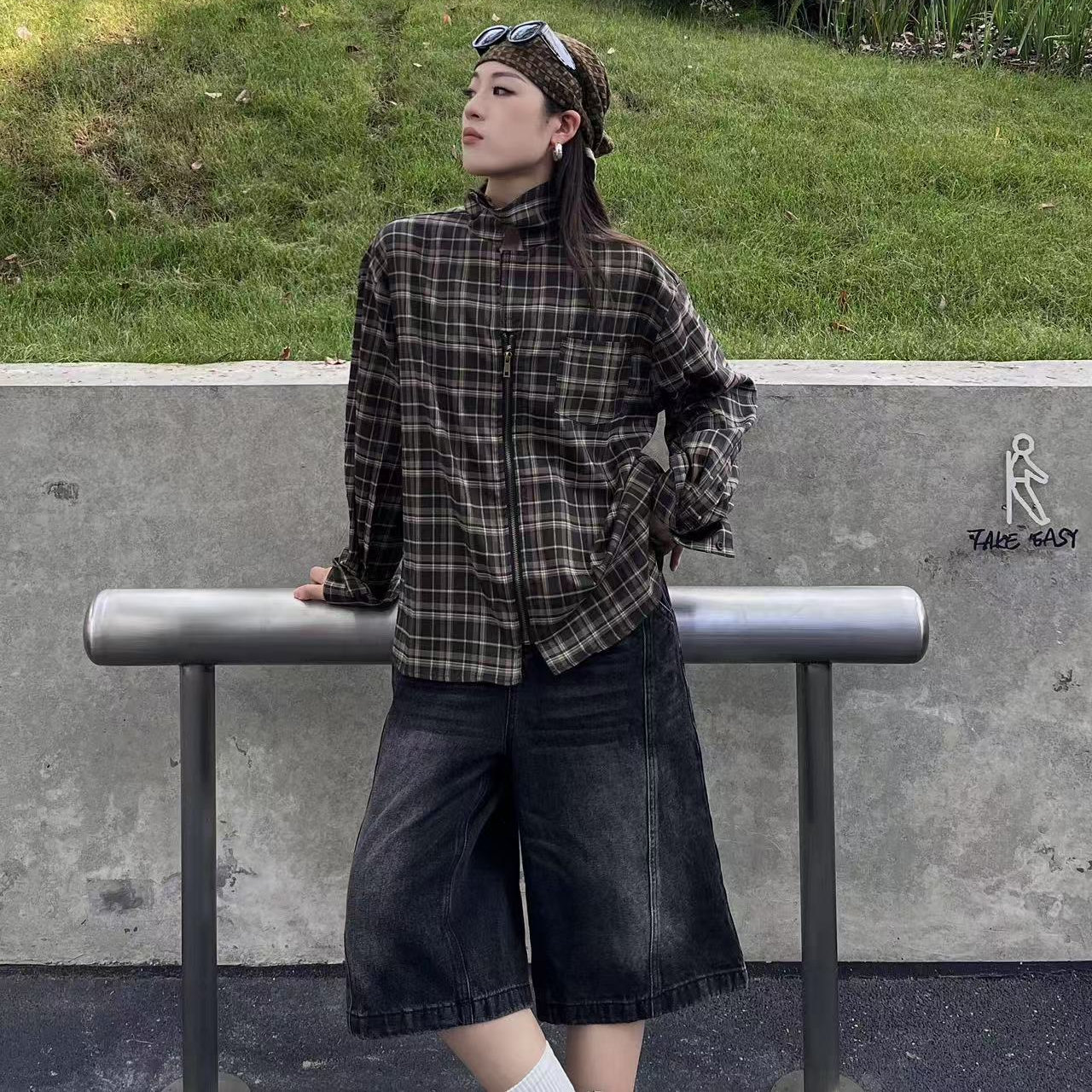 美式复古立领格子衬衫男