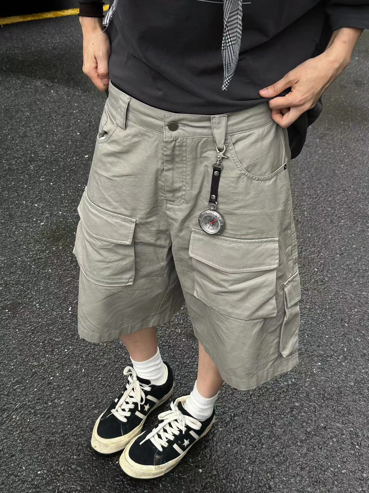 美式复古多口袋工装短裤男女