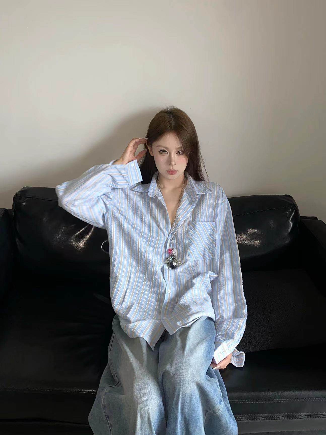 条纹长袖防晒衬衫男女薄款透气美式复古宽松休闲慵懒风衬衣外套